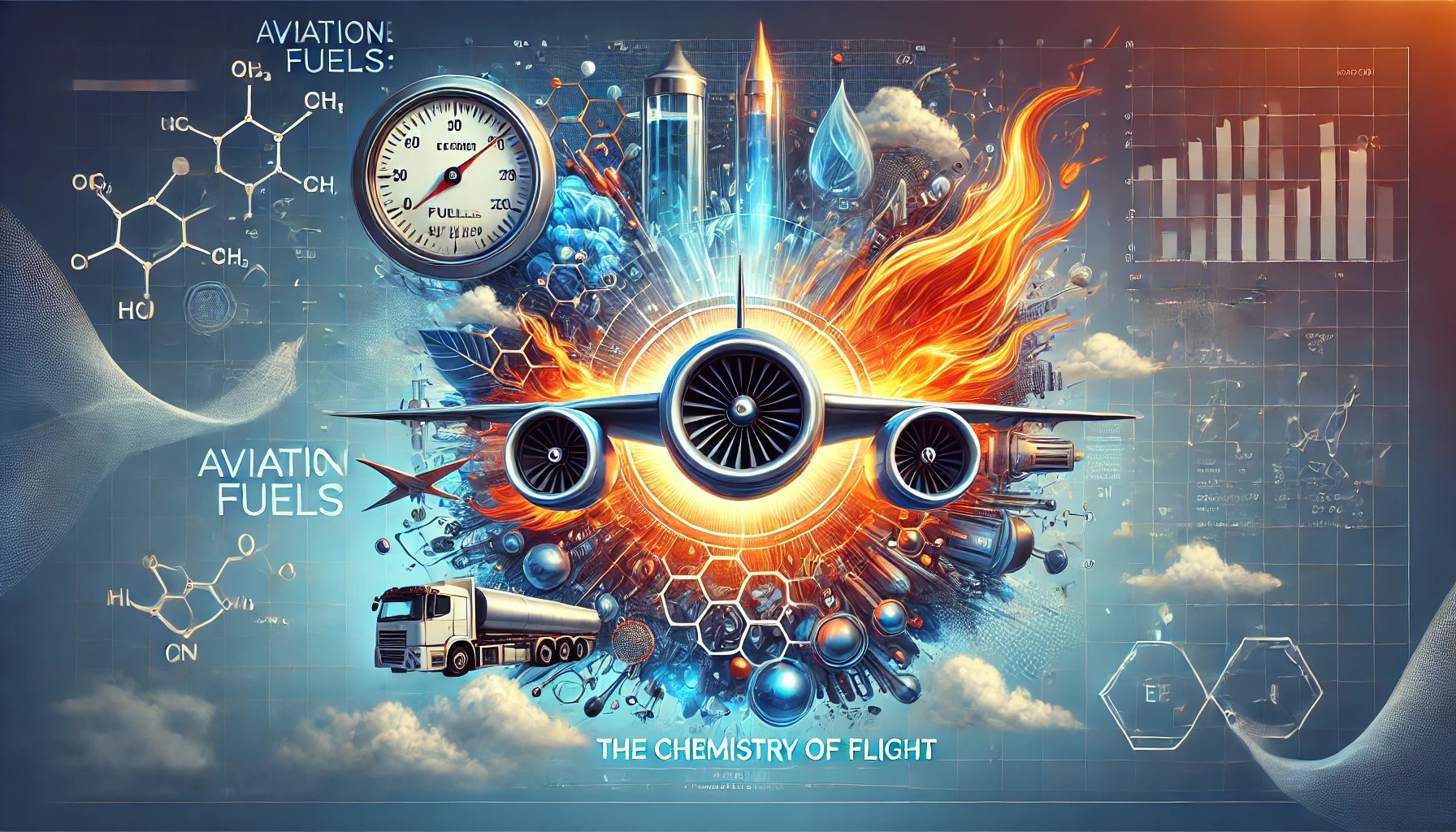 DALL·E 2024-12-08 14.54.44 - A visually striking thumbnail design for a blog post about aviation fuels. The image includes a modern jet engine surrounded by vibrant flames and che